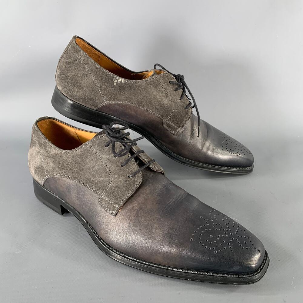 MAGNANNI Size 9.5 Grey Gunmetal Mixed Patterns Mixed Fabrics Lace Up Shoes